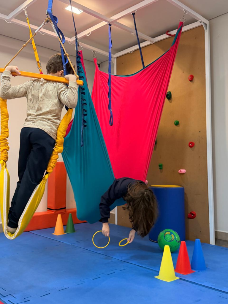 Crianças em atividade terapêutica de integração sensorial com equipamentos suspensos no Instituto Práxis