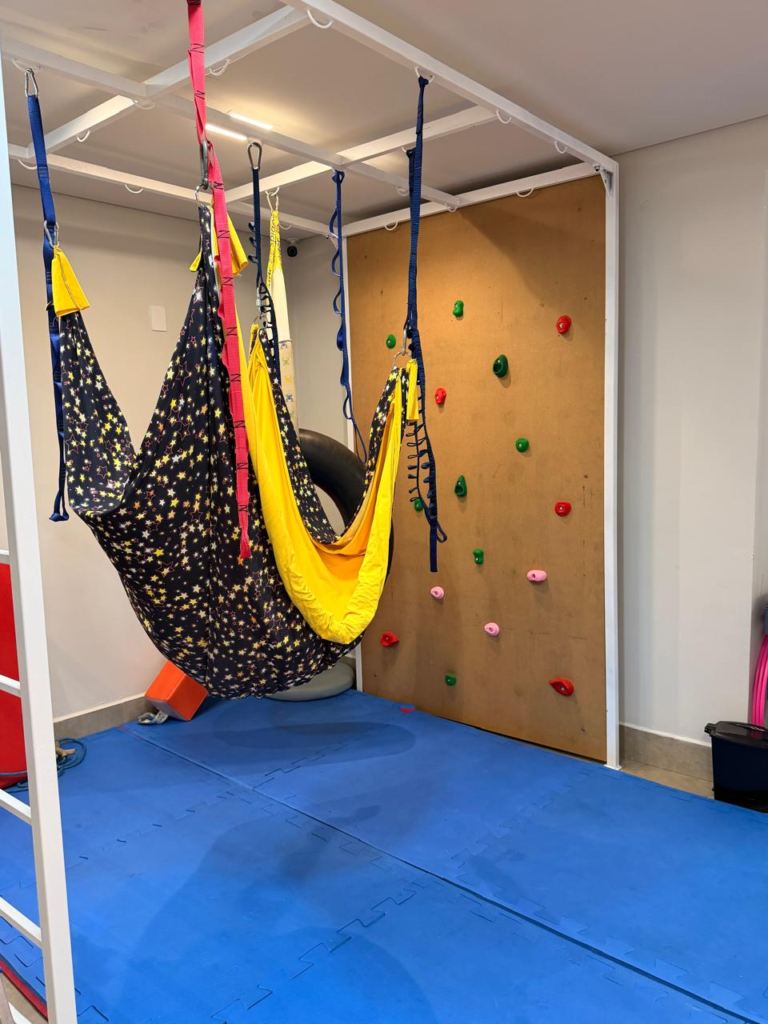 Sala de Integração Sensorial do Instituto Práxis com redes suspensas, parede de escalada e tatame